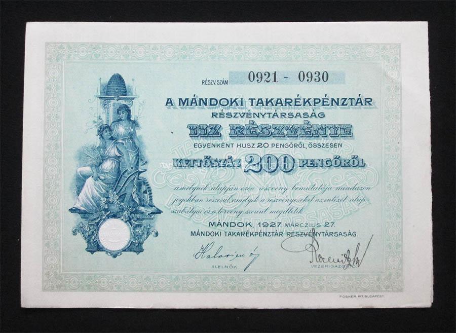 Mándoki Takarékpénztár részvény 10x20 pengõ 1927